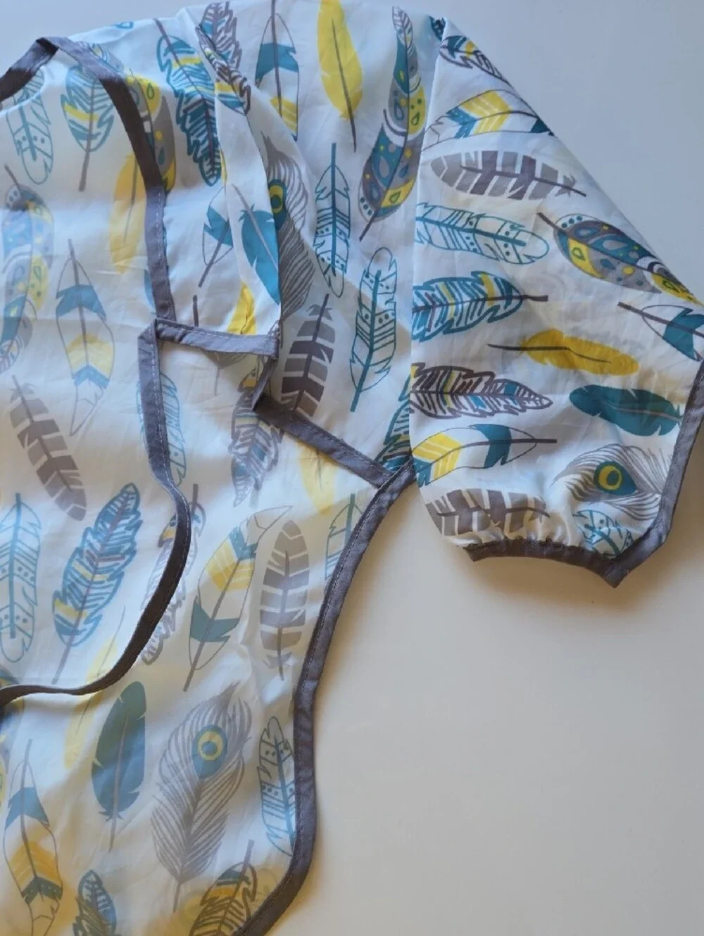 Feather Print Long Sleeve Baby Bib - Yellow Teal Gray